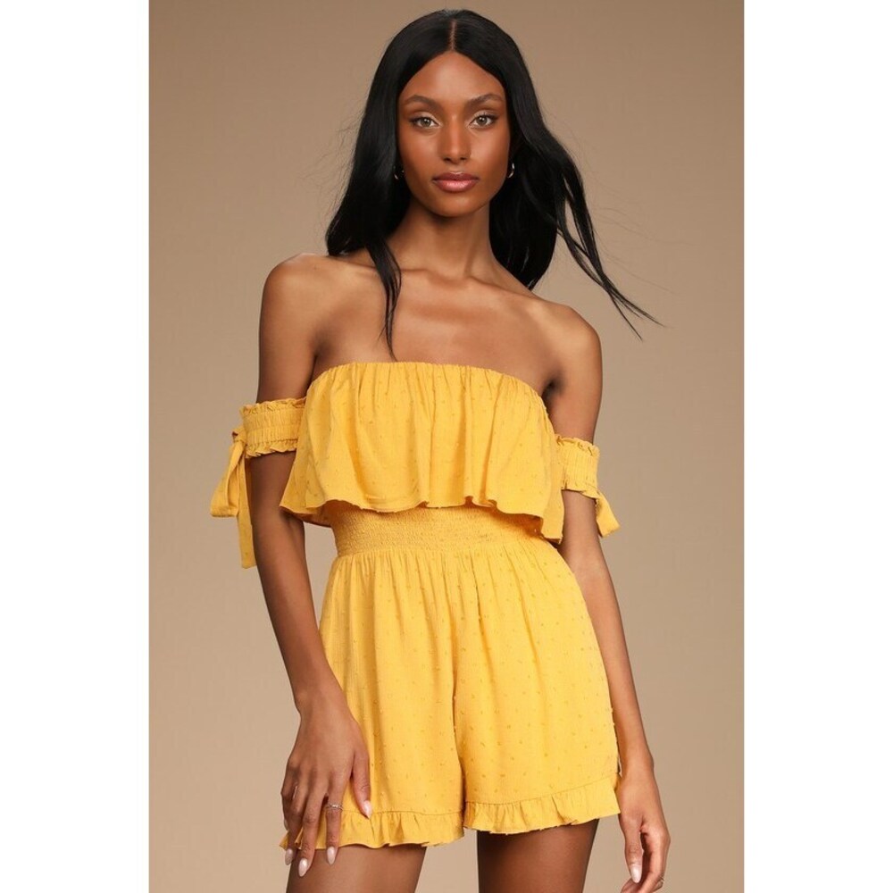 Lulus Be A Sweetie Marigold Yellow Swiss Dot Off-the-shoulder Romper - Size XS